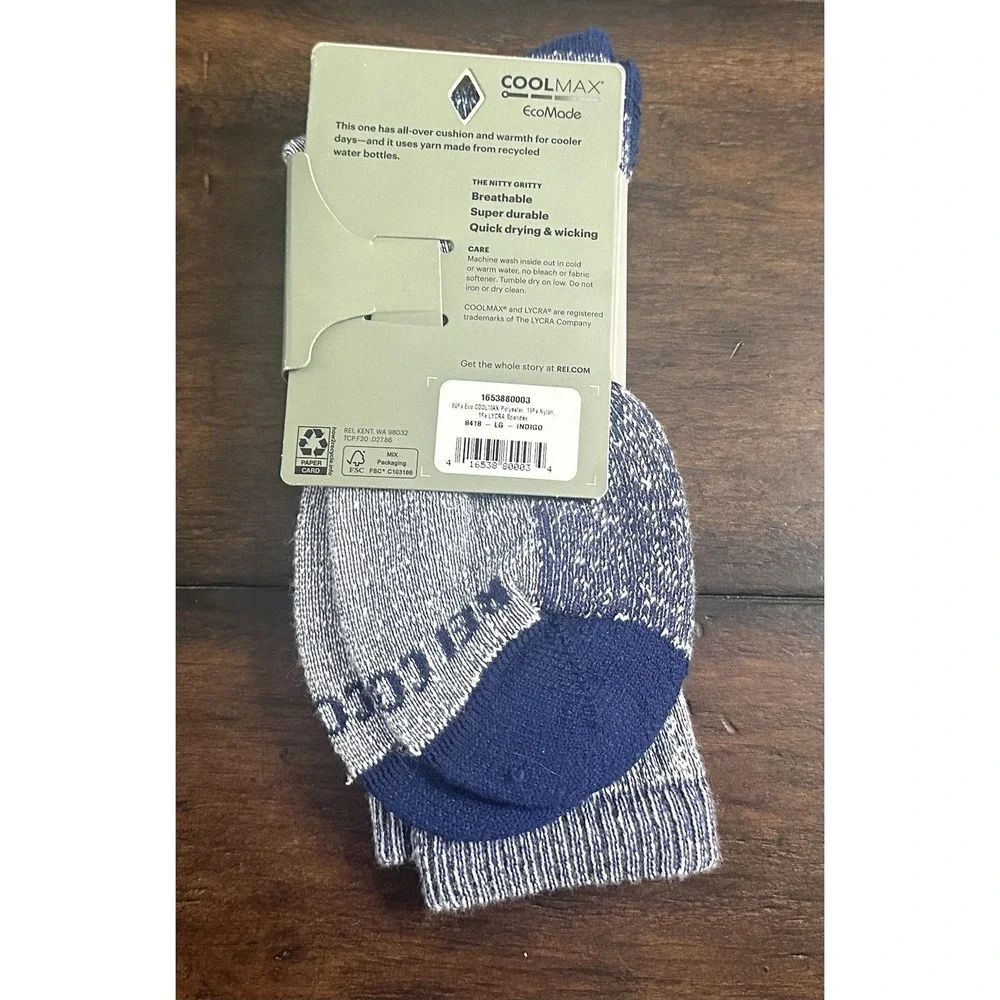 REI Co-op COOLMAX EcoMade Midweight Crew Hiking Socks Indigo Large NWT Cushioned